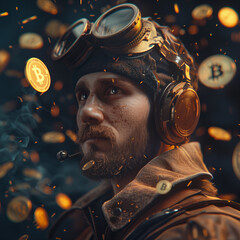 handsome stylized aviator, in a helmet, glasses and jacket against the background of falling bitcoins