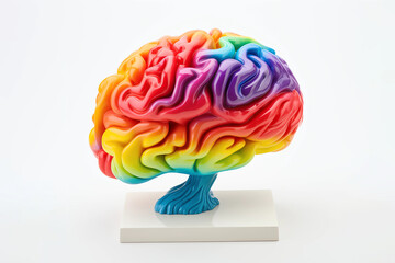 Rainbow plastic model of the human brain on white background
