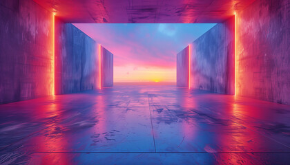 Minimalistic Abstract bright blue and pink neon rectangle outlines on a smooth concrete surface
