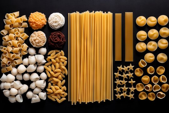A variety of dry pasta neatly arranged by type on a dark background, including spaghetti and penne, fusilli.
Concept: blog and pasta recipes. Marketing of food brands and supermarkets.