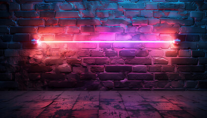 Minimalistic Abstract vibrant cyan and magenta neon light streaks crossing on a slate grey brick...