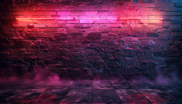 Minimalistic Abstract vibrant cyan and magenta neon light streaks crossing on a slate grey brick wall