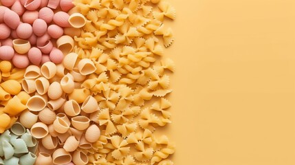 Flatlay various types of raw pasta on a light blue background,
Concept: Cooking and food blogs and pasta cooking tutorials