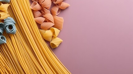Flatlay various types of raw pasta on a light blue background,
Concept: Cooking and food blogs and pasta cooking tutorials - obrazy, fototapety, plakaty