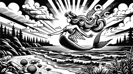 人魚姫と海辺と朝日をアメリカンポップで表現したオシャレなイラストレーション