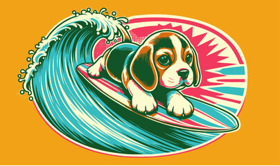 波乗りをする可愛い子犬をプリントロゴ風に構成したベクターイラストレーション