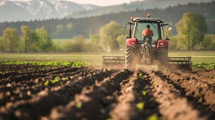 A farmer in a tractor prepares the ground of pre seeding chores.