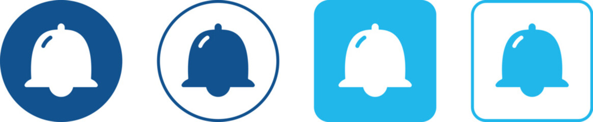Set of notification bell icons, shades of blue, four variations: solid filled circle, outlined, square with rounded corners, outlined, for alert or new bell notification in user interfaces.