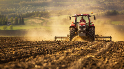 A farmer in a tractor prepares the ground of pre seeding chores. - obrazy, fototapety, plakaty