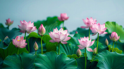 Pink Lotus Blossoms on Water, Tranquil Garden Scenery - obrazy, fototapety, plakaty