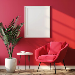 A contemporary empty frame mockup against a vibrant magenta wall, making a bold and stylish statement in any interior, adding a pop of color and personality to the room.