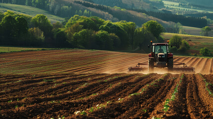 Naklejka premium A farmer in a tractor prepares the ground of pre seeding chores.