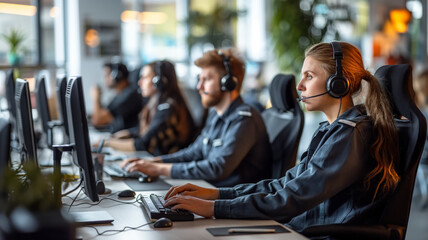 a 911 call center for first responders, fire, police, and medical personnel, in an Emergency-themed, Horizontal format in JPG, photorealistic illustration. Generative ai