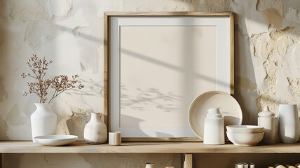 A frame mockup showcased against a wall with shelves holding a curated collection of ceramic pottery