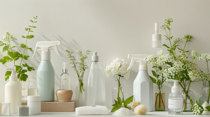 Spring cleaning concept with plastic bottles for cleaning and freshness next to spring flowers on light background - obrazy, fototapety, plakaty