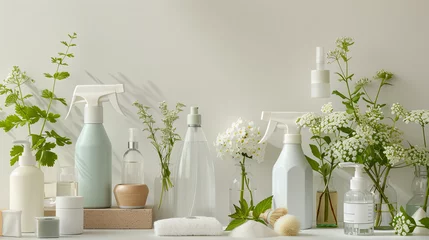 Foto op Aluminium Spring cleaning concept with plastic bottles for cleaning and freshness next to spring flowers on light background © Taisiia