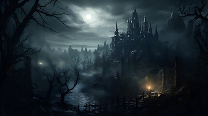 Halloween holiday concept. Spooky old gothic castle, foggy night, haunted mansion. - obrazy, fototapety, plakaty