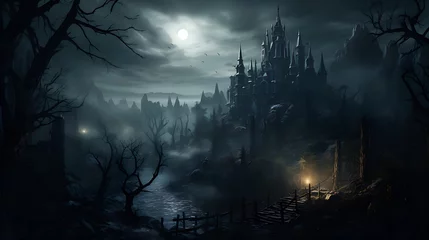 Gordijnen Halloween holiday concept. Spooky old gothic castle, foggy night, haunted mansion. © елена калиничева