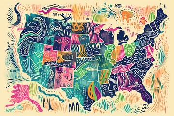 Folk art illustration with map of America