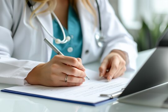 female doctor writing closeup, female doctor writing prescription closeup, female doctor closeup, doctor writing on a paper, female doctor closeup