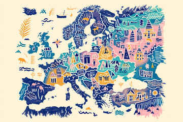 Folk art illustration with map of Europe