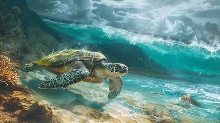 A sea turtle splashing in the ocean waves