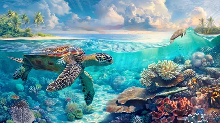 Foto op Plexiglas Sea turtle splashes on the seabed with corals © Taisiia