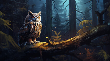 An owl perched tranquilly on a tree branch amidst the enchanting atmosphere of a mystical forest