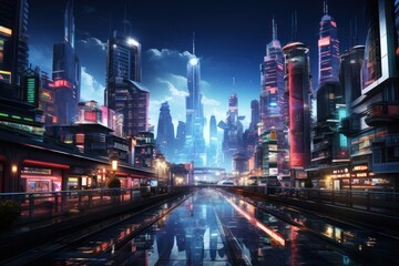 Neon-lit Cyberpunk City With River at Night Generative AI