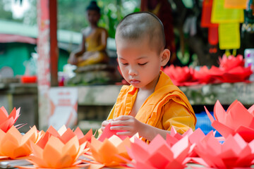 Boy collecting paper lotus for Vesak day