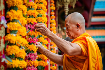 Male Buddhist monk decorating a building with flowers for Vesak day - obrazy, fototapety, plakaty
