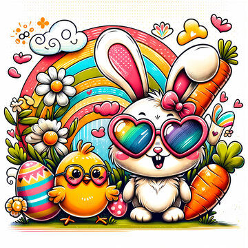 Groovy Easter bunny with chiclet and rainbow