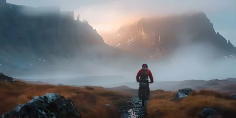 Schilderijen op glas A man riding an enduro bike through a mountainous landscape at dusk. Concept Mountain Biking, Enduro Bike, Dusk Adventure, Outdoor Sports, Nature Landscape © Ян Заболотний