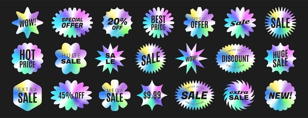 Fototapeta na wymiar Set Iridescent Holographic Price Stickers Starburst Sale Labels Promo Tags