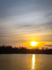 Sunset over the river and red sun . Trees on beach . Reflactions on water. Grass and trees . Red sunset . Sun and forest 