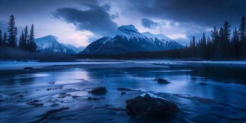 twilight over a snowy mountain range reflected in a calm river