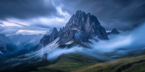dramatic dolomite spires rising above swirling mist in an alpine valley - obrazy, fototapety, plakaty