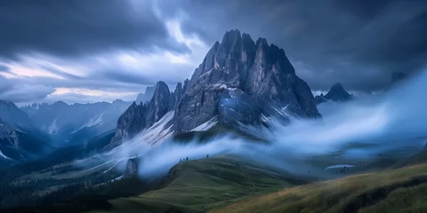 Photo sur Plexiglas Dolomites dramatic dolomite spires rising above swirling mist in an alpine valley