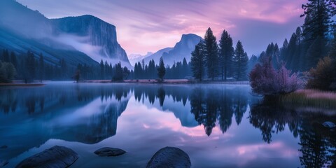 misty dawn hues over iconic cliff reflections in a tranquil mountain lake