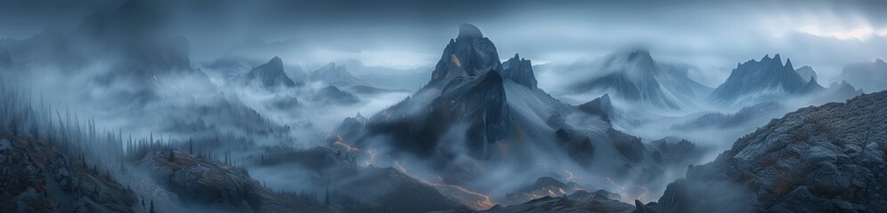 panoramic otherworldly landscape of mist-enshrouded spires under a subdued moonlit sky