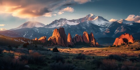 golden sunlight on rugged peaks and rock formations at sunset