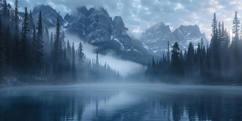 serene alpine lake reflecting a mist-veiled mountain forest at dawn