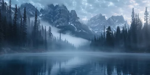 Fotobehang Reflectie serene alpine lake reflecting a mist-veiled mountain forest at dawn