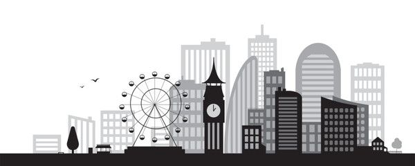 Simple city silhouette with ferris wheel, clock tower and buildings. Black and white vector illustration without background.