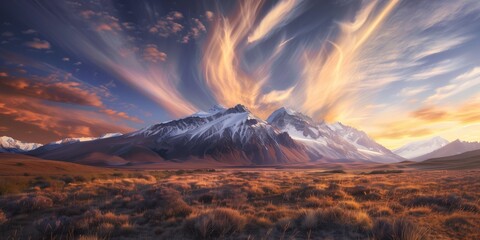 dramatic sunrise sky casting warm light over a stark mountain range