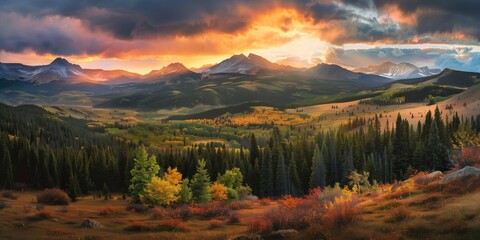 sunset illuminating an expansive valley and mountain range in autumn