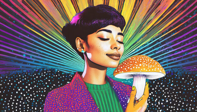 A psychedelic 90's style illustration of a brown woman in a business suit with an awakened presence, she holds a mushroom -   bright patterns add visual interest and symbolize enlightenment