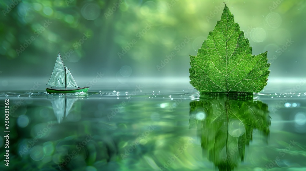 Poster the white transparent leaf on the mirror surface with the reflection of the green background. artist