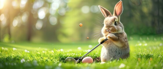 Cute Easter bunny playing golf - obrazy, fototapety, plakaty