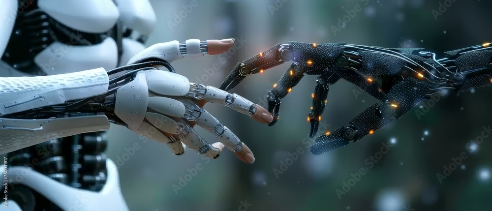 Leinwandbilder The hands of a robot and a human connect with DNA in a virtual interface on the concept of science and innovation, artificial intelligence, and technology.